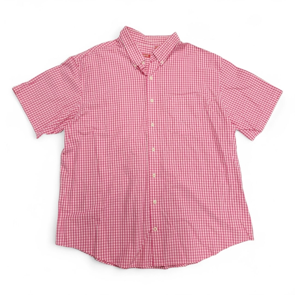 IZOD 100% Cotton Short Sleeve Button Up Shirt Pink Gingham Check Plaid, 2XL XXL
